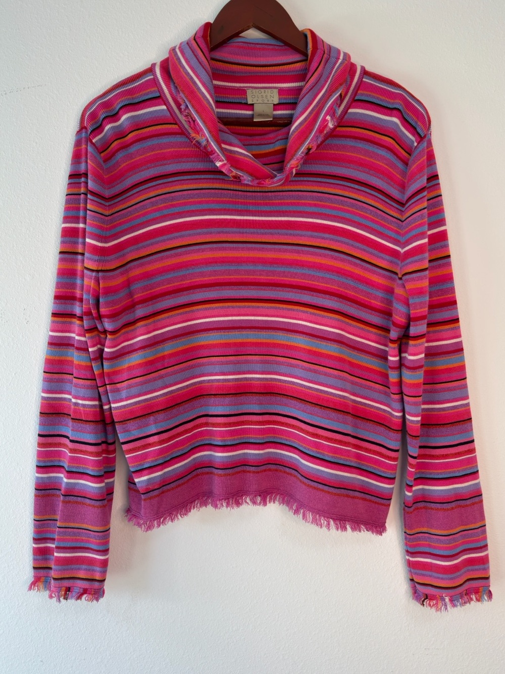 Vintage 90s Y2K Sigrid Olsen Striped Sweater Kidcore Colorful Boho Fringe Trim